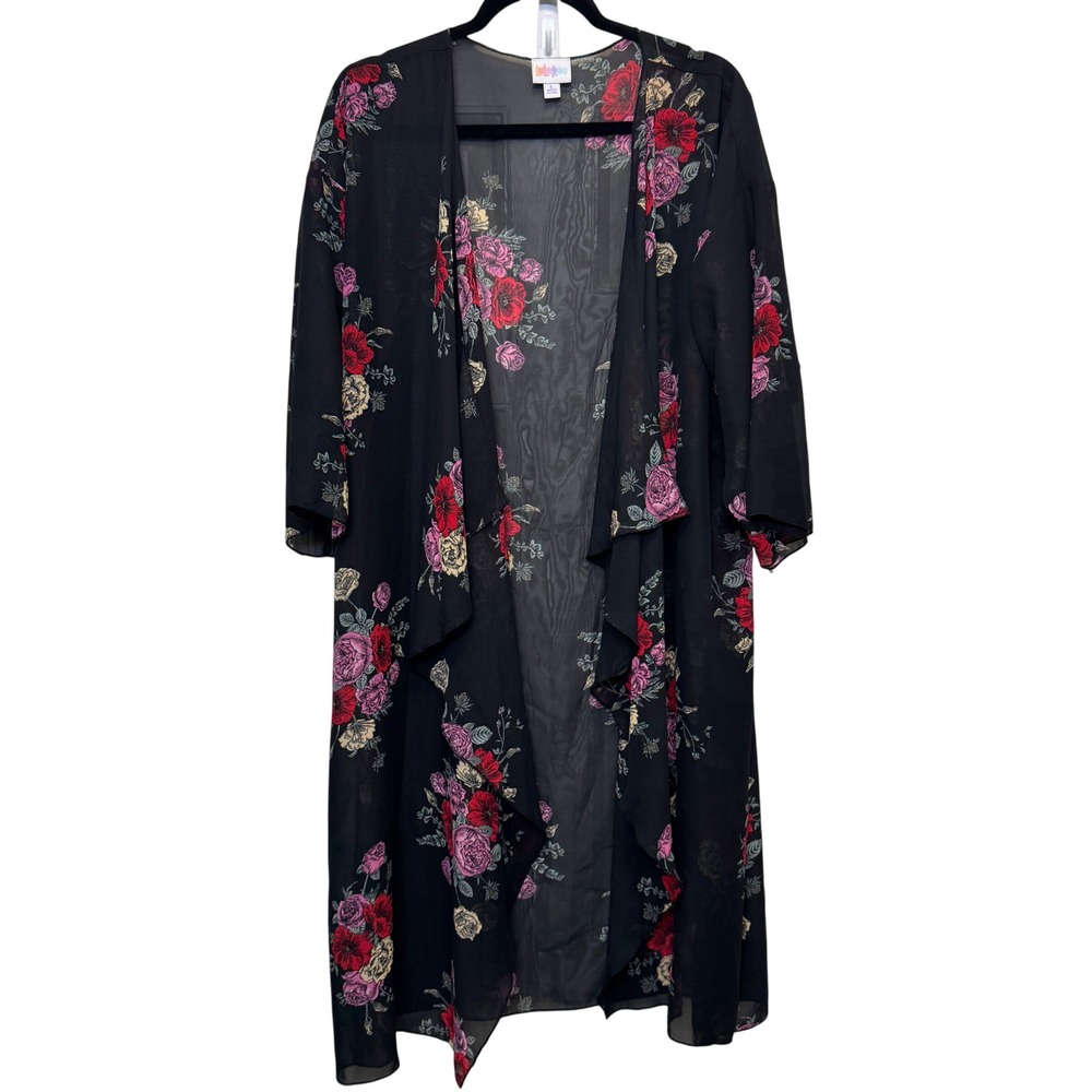 LuLaRoe Womens Kimono L Oversized Black Floral Sheer Chiffon Shirley Boho Wrap